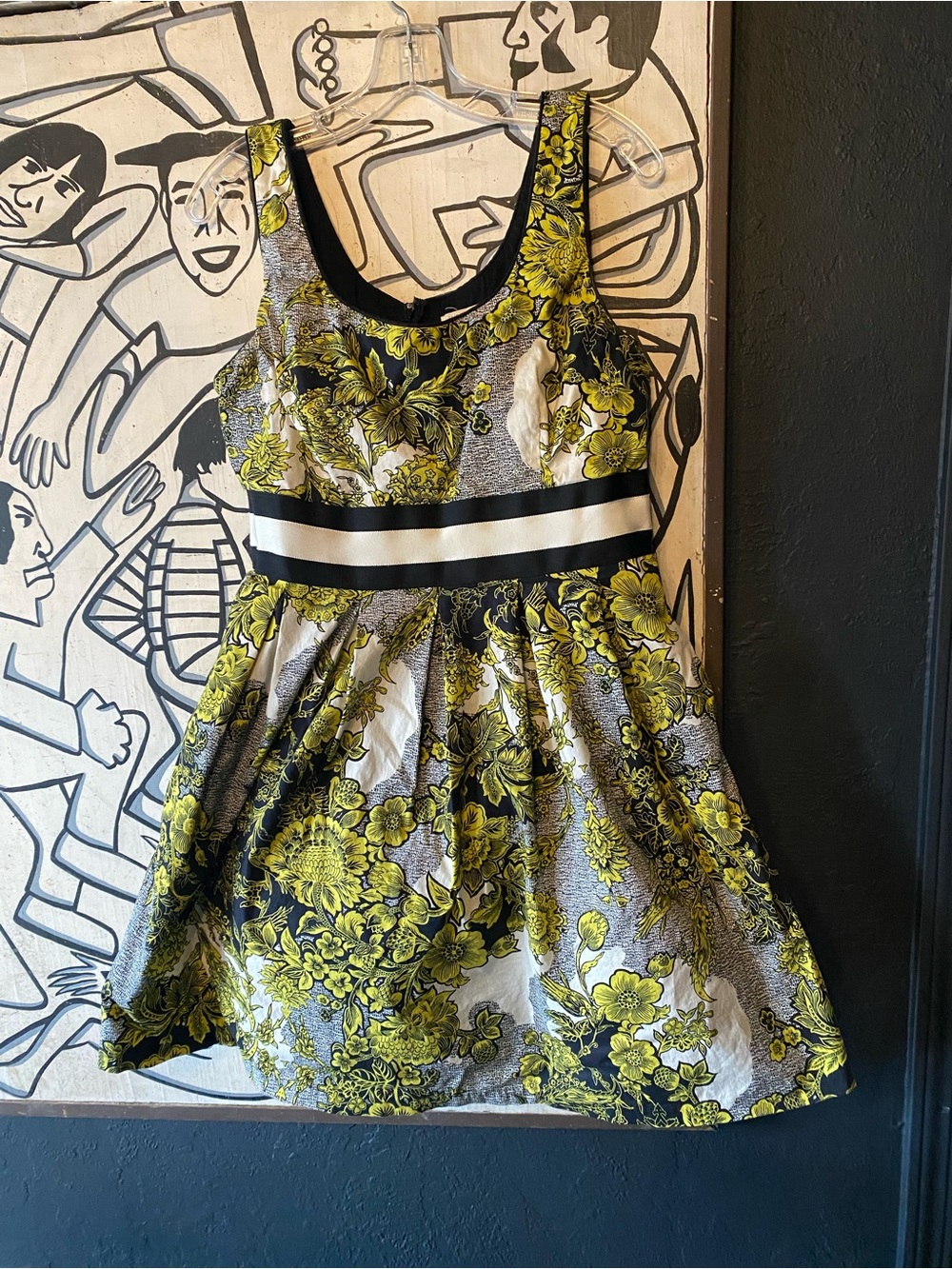 Weston Yellow Floral Fit-and-Flare Dress with Black and White Trim